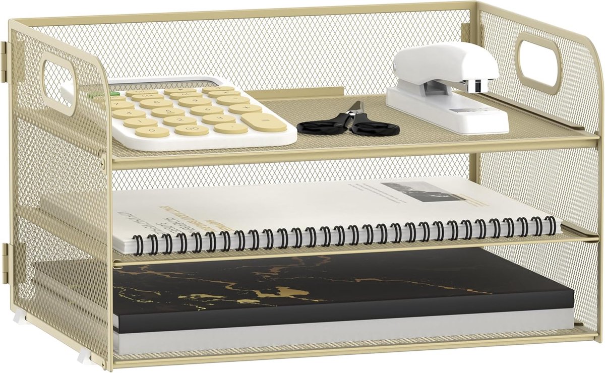SnelShoppen - 3 Tier Paper Organiser met Handgreep, Mesh Desk Organiser, A10 Folder en Documenten Organizer, Gouden Geel, Ideaal voor Thuis en Kantoor
