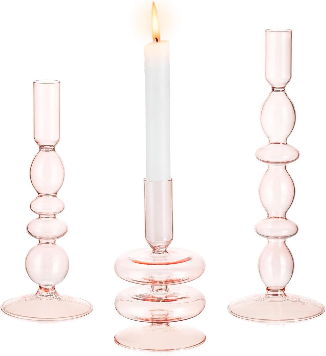 SnelShoppen - Set van 3 Glazen Kaarsenhouders, Elegante Roze Candlesticks voor Woonkamer Decoratie, Perfect voor Feest, Bruiloft en Kerstmis
