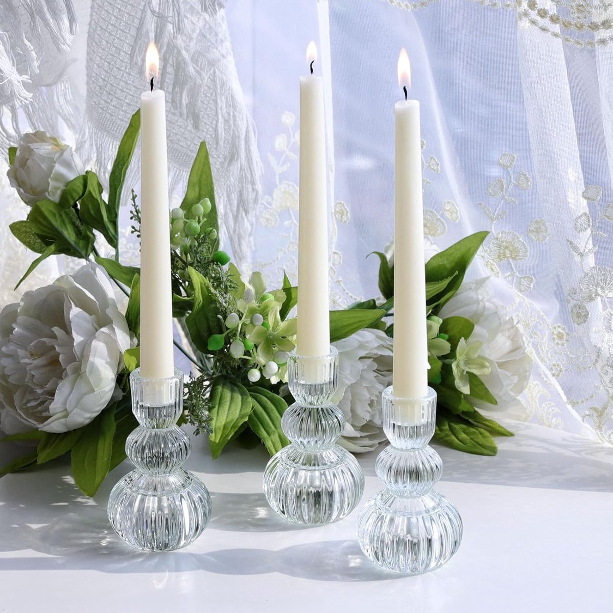 SnelShoppen - Set van 3 Helder Glazen Kandelaar voor Staafkaarsen, Vintage Glazen Kaarsenhouder voor Bruiloftstafels, Dagelijkse Woondecoratie, Thanks
