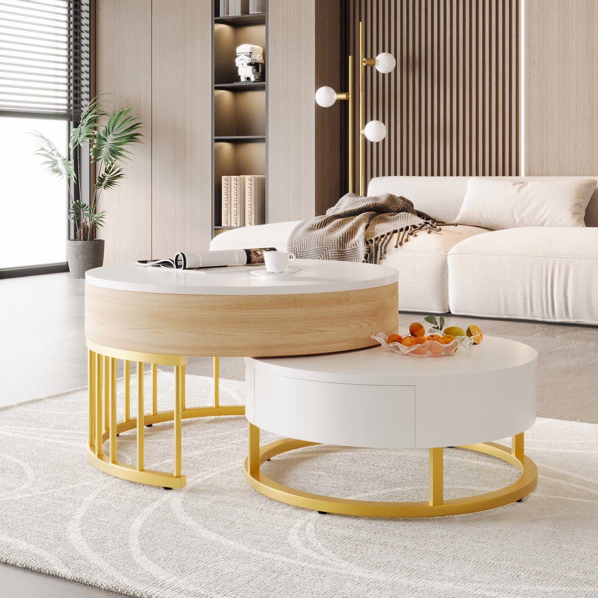 COVREO Salontafel set van 2 70x60x56 cm – rond, wit en goud, met lade en verstelbaar blad