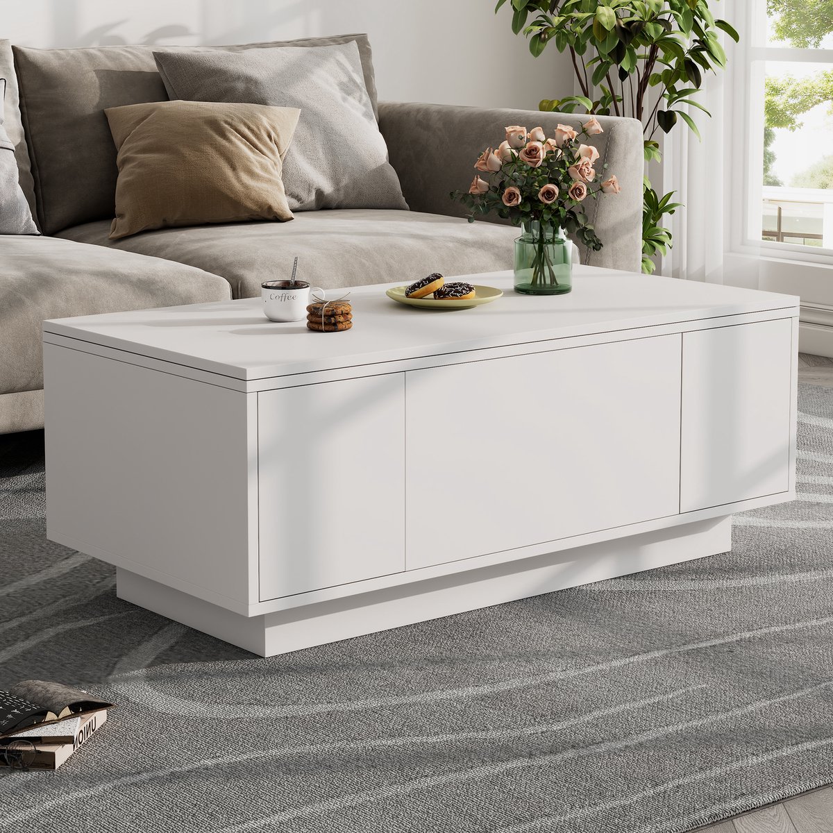 COVREO Salontafel 100x50x43 cm wit spaanplaat met dubbele heffunctie en verborgen opbergruimte