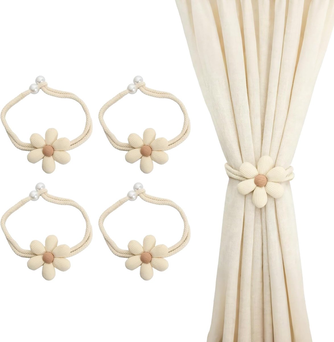 SnelShoppen - 4 Stuks Gordijn Klemmen, Bloemen Touw Klemmen voor Gordijnen, Katoen en Linnen Gordijn Ties, Off White Geschikt voor Woonkamer, Slaapkam