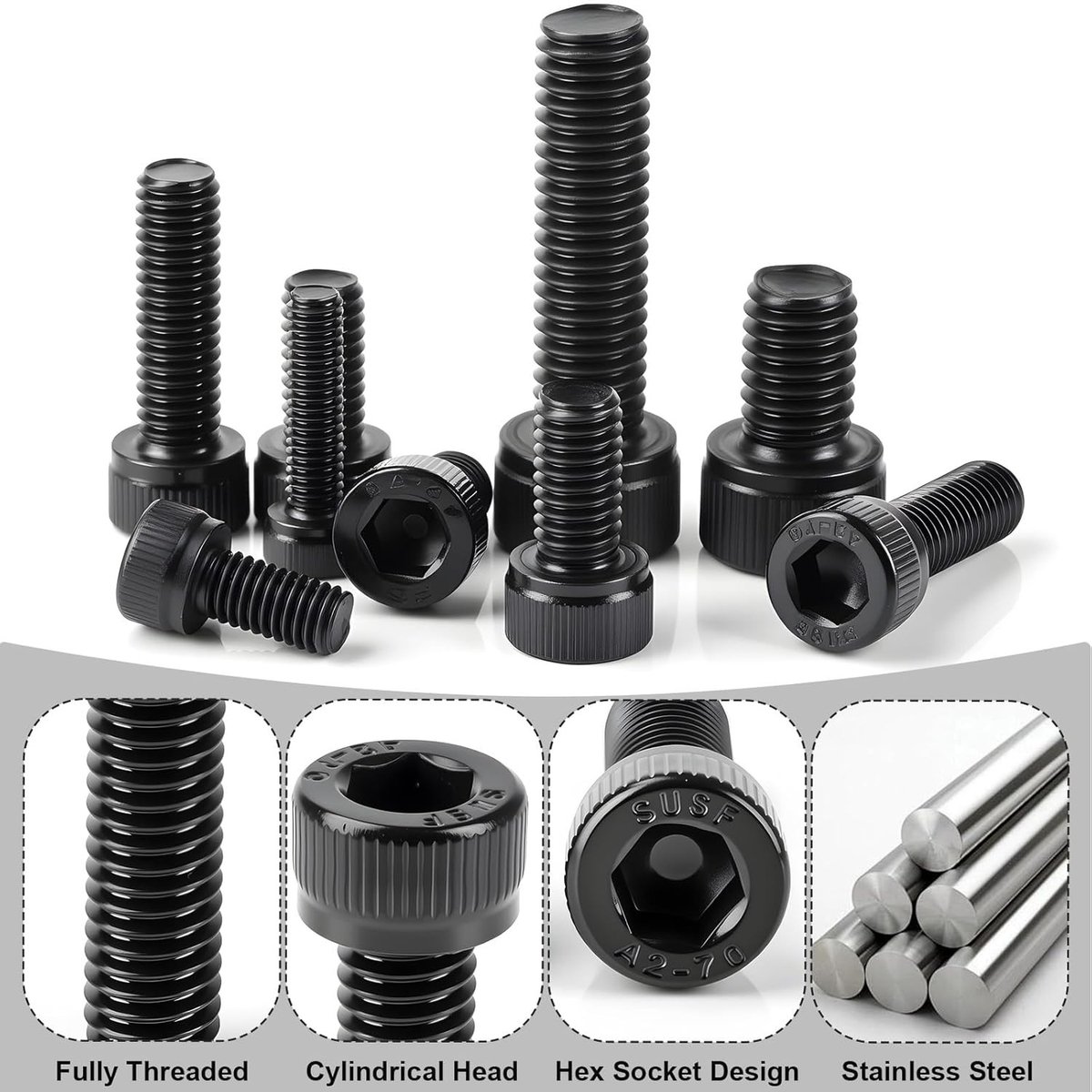 Set van 50 cilinderschroeven M4 x 20 mm met zeskantkop, zwart roestvrij staal, DIN 912, vol schroefdraad, geschikt voor automotive, machines en meubelconstructie