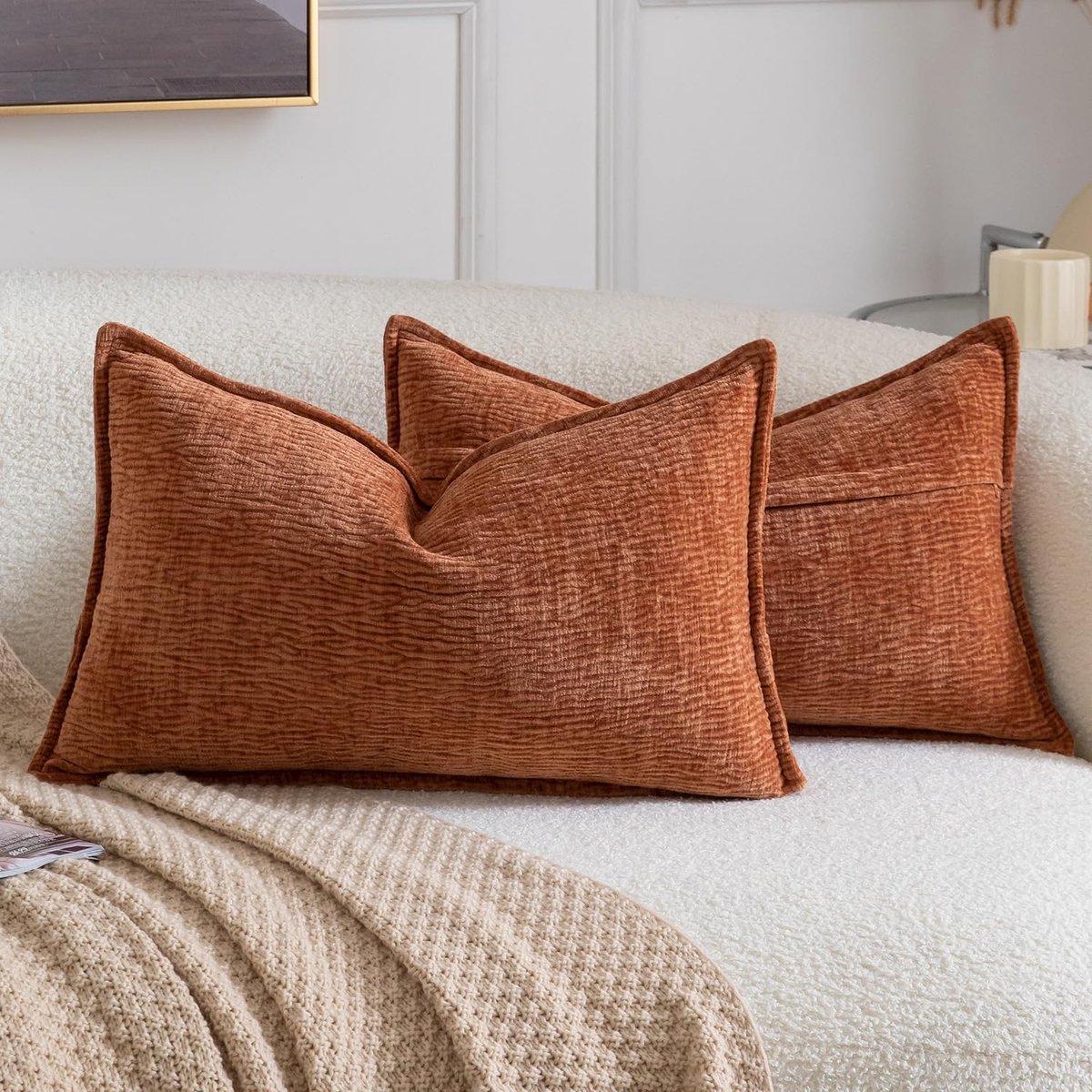 SnelShoppen - Set van 2 Chenille Kussenslopen 30x50cm Rustbruin - Zachte Textuur, Elegant Flensrand, Duurzaam en Pluisvrij voor Sofa, Slaapkamer, Woon