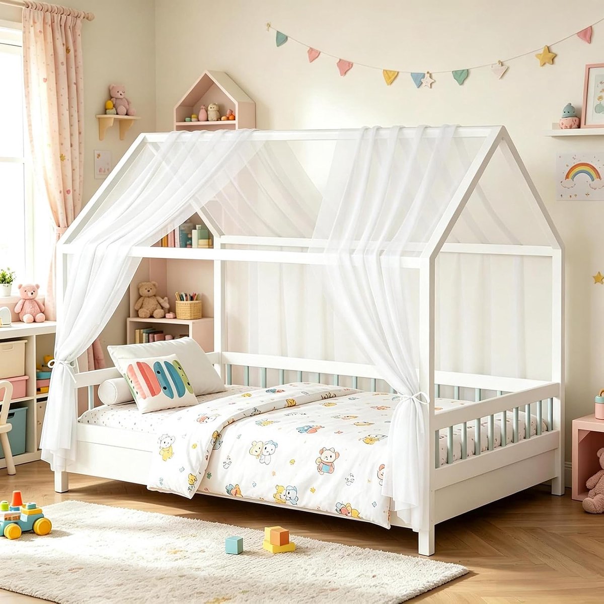 SnelShoppen - Bed Canopy Set 2-Delig 150 x 350 cm voor Kinderen - Ademend Muslin met Bevestigingsbanden - Slaapkamer Decoratie voor Jongens en Meisjes