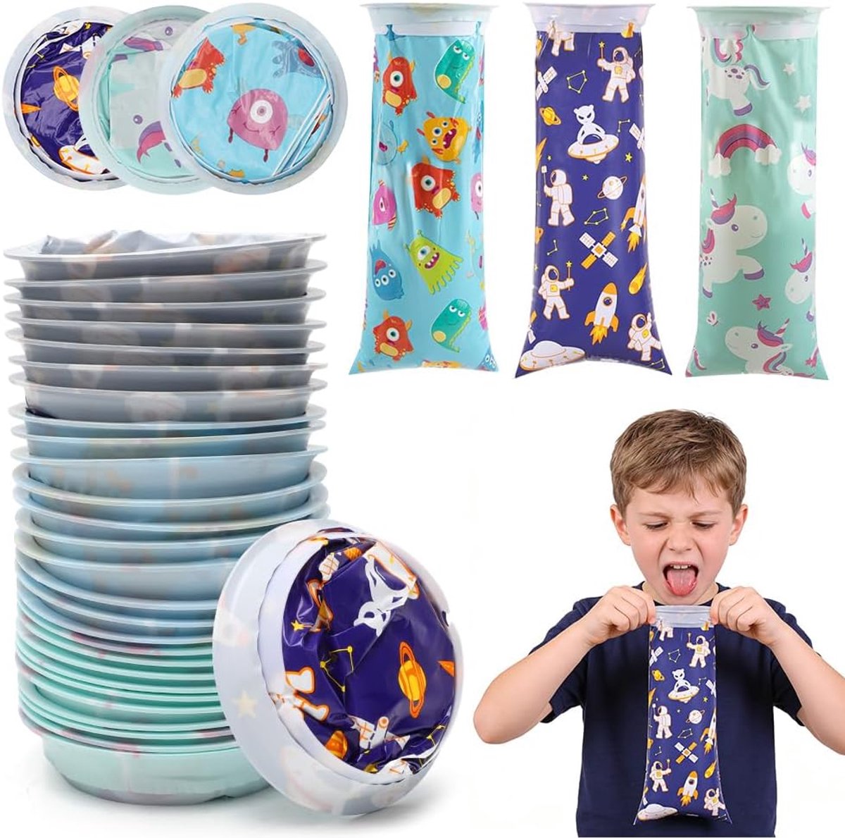 SnelShoppen - Pack van 30 Poepzakjes voor Auto - 1000 ml Cartoon Brakenzakken met Ring voor Misselijkheid en Braken onderweg