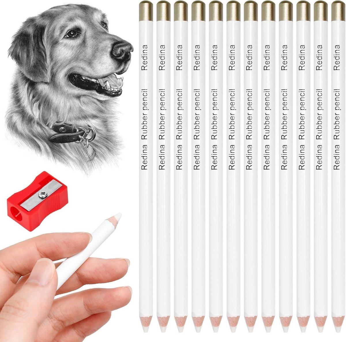 Dunne Gummetjes voor Kunstenaars - 12 Stuks Houten Gum voor Tekeningen, Potloodvormige Gum met Slijper voor Beginners en Ingenieurs
