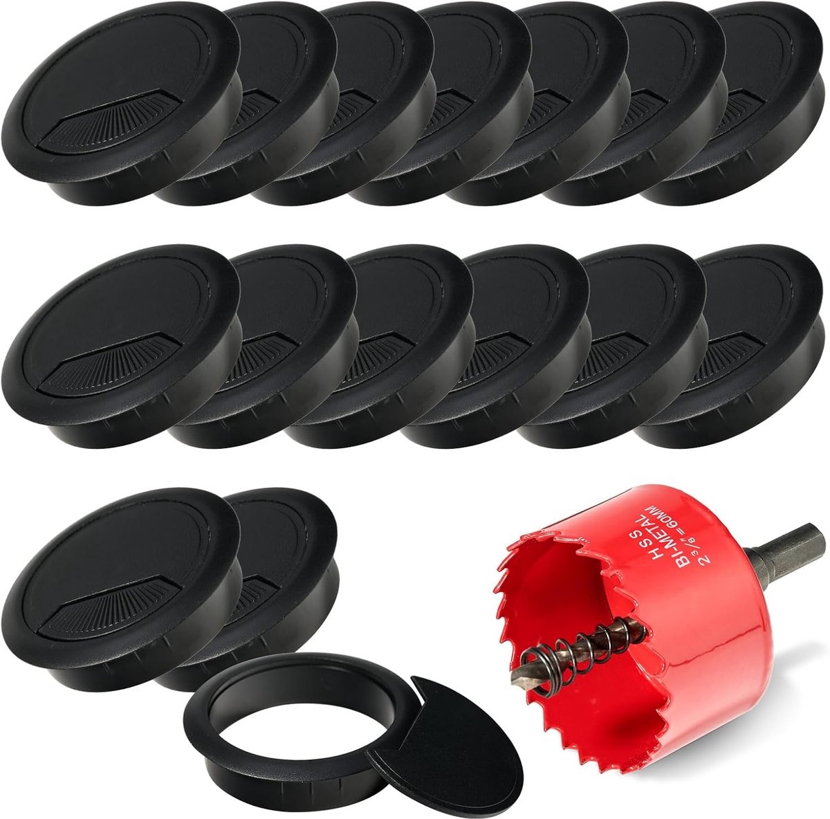 Set van 16 Stuks Tafelgatafdekkers 60mm voor Kabelbeheer, Ronde Grommets en Kabeldoorvoeren in Zwart