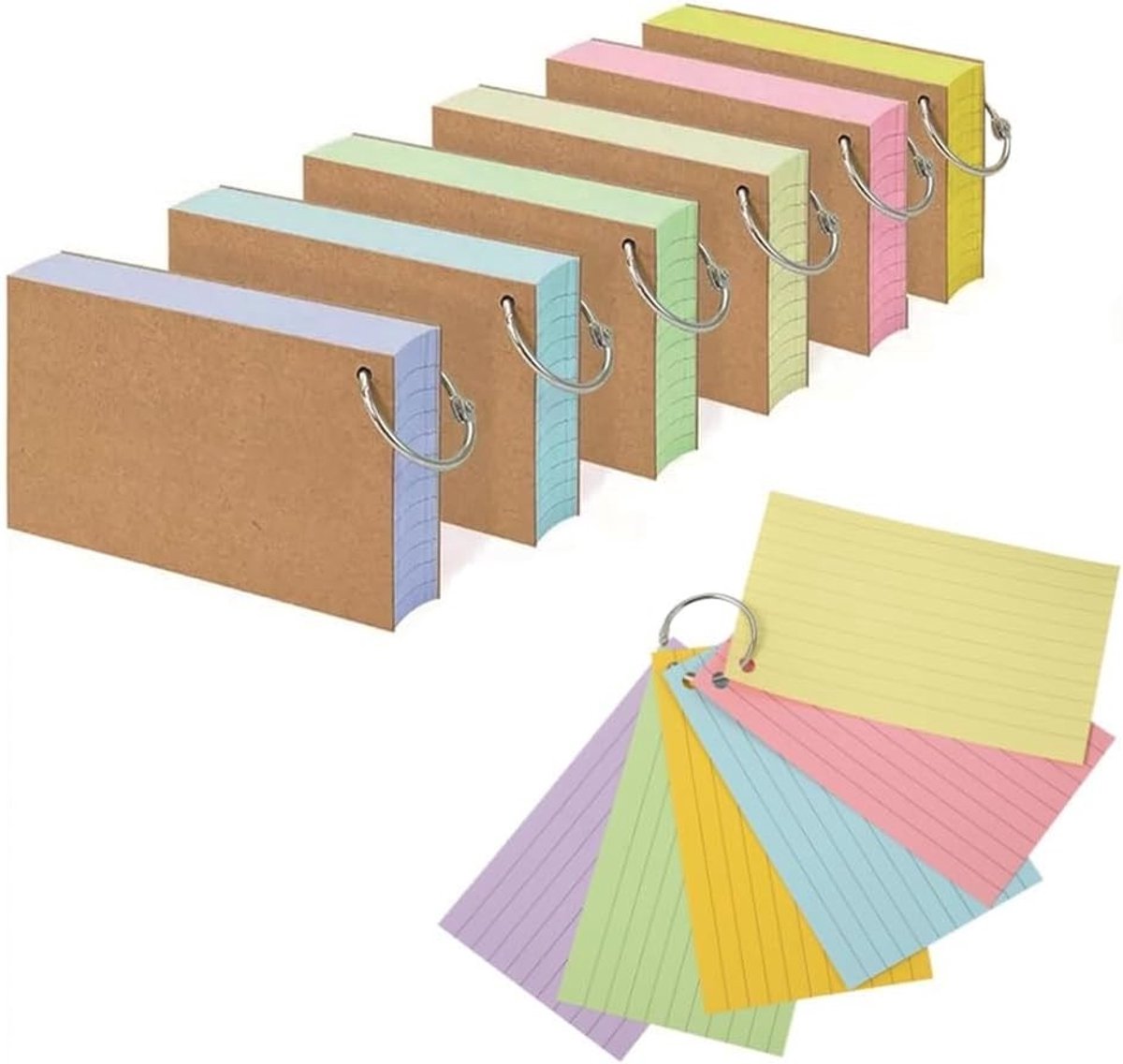 Set van 6 gelinieerde flashkaarten A7 (12,7 x 7,6 cm) met ringbanden, kraftpapier notitiekaarten voor studeren, revisie en organisatie