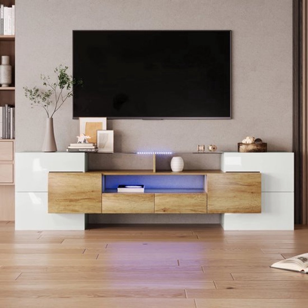 TV-Meubel – Tv-Kast – Meubelkast – Woonkamermeubel – Hoogglans Wit – 200 cm Breed – LED-Ve