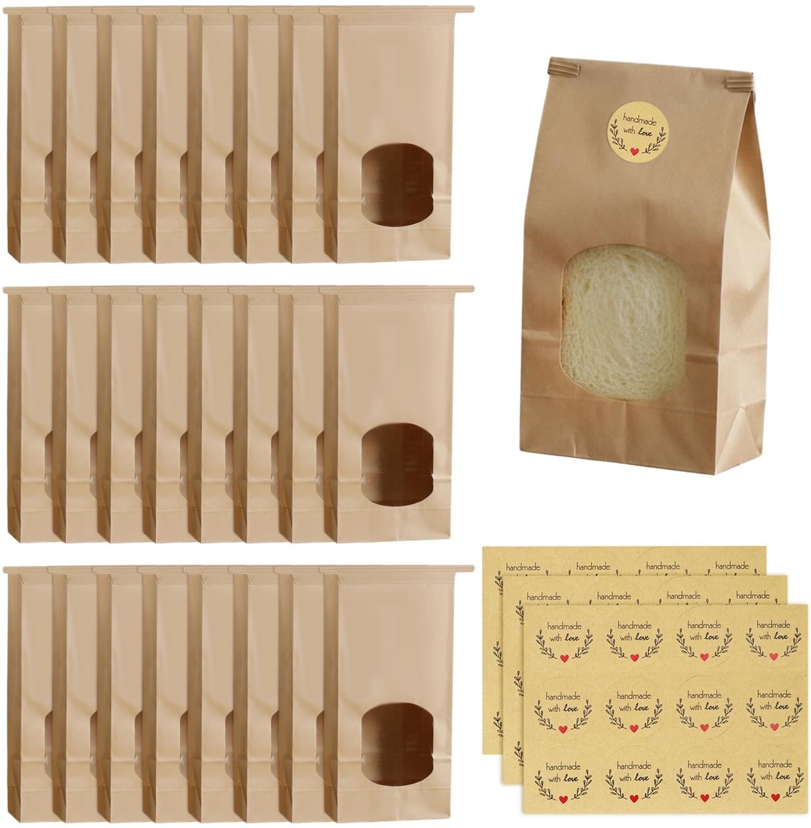 Dailygoods- Papieren Zakjes Set van 25 - Kraftpapieren Zakjes met Venster - Voedselbewaarzakken - Geschenkverpakking - Recyclebaar - Afmetingen 18 x 17 x 3 cm - Verpakkingszakjes