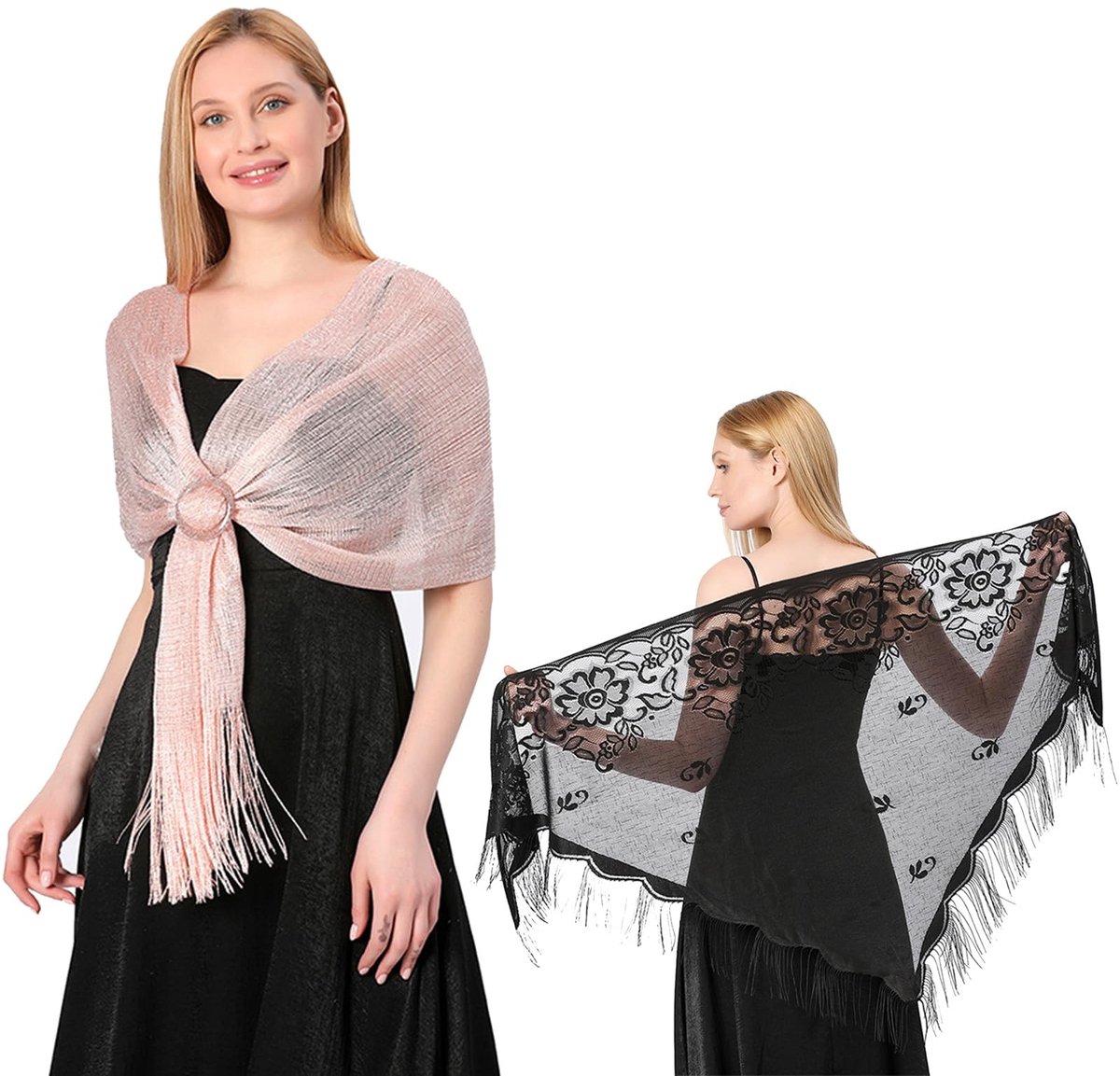 Dailygoods- Sjaal Elegante Glanzende - 2 Stuks - Kanten Sjaal - Bruidsjurk Accessoire - Avondsjaal - Zacht Polyester - Sjaaltje