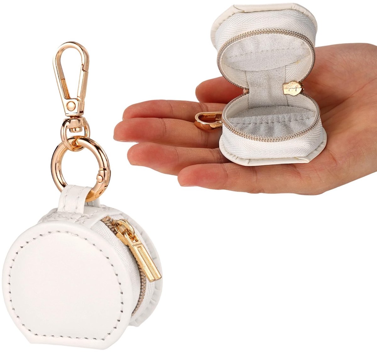 Dailygoods - Ringdoosje met Sleutelhanger - Draagbare Sieradenhouder Wit PU