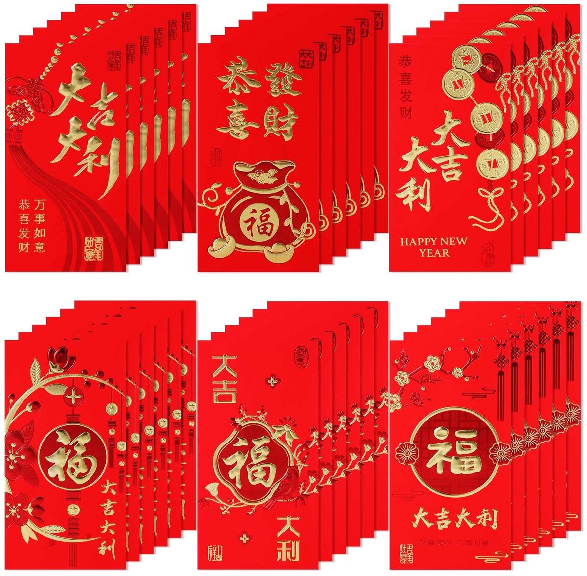 Dailygoods- Rode Envelop 36 Stuks - Nieuwjaars Enveloppen - Chinese Geluksgeld Envelop - Rood Papier - 17x9 cm - 6 Stijlen