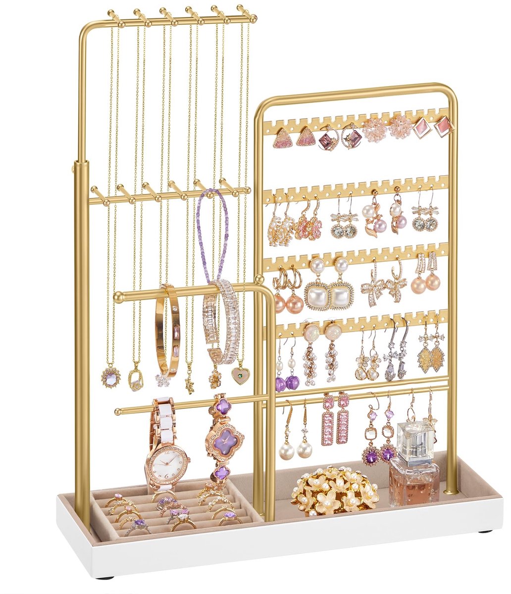 Dailygoods - Sieradenstandaard met Uitschuifbare Kettinghouder - Metalen en Fluwelen Design