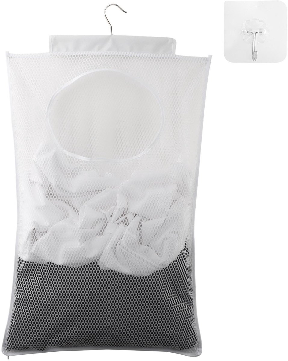 Dailygoods - Duurzame waszak - Op te hangen wasmand - Doorzichtige mesh-polyester - Wit - Zelfklevende haken - Perfect voor organisatie - Ideaal voor...