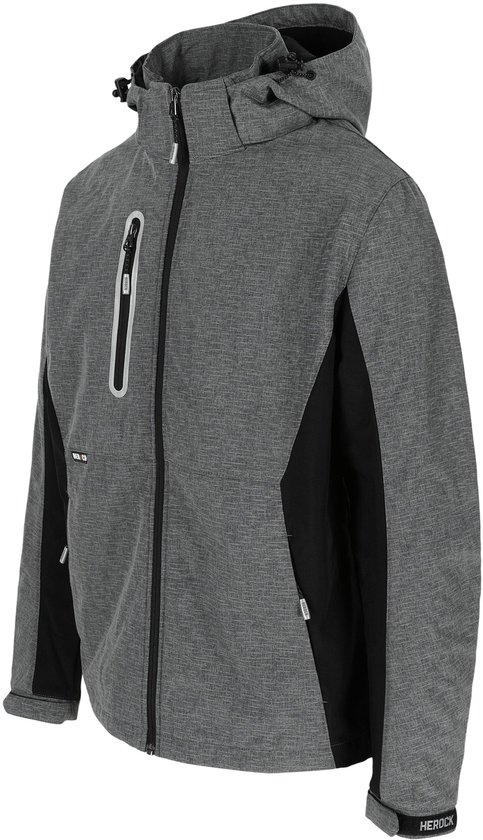 Veste softshell grise avec des panneaux noirs sur les côtés et le logo 'HEROCK' sur la manche gauche.