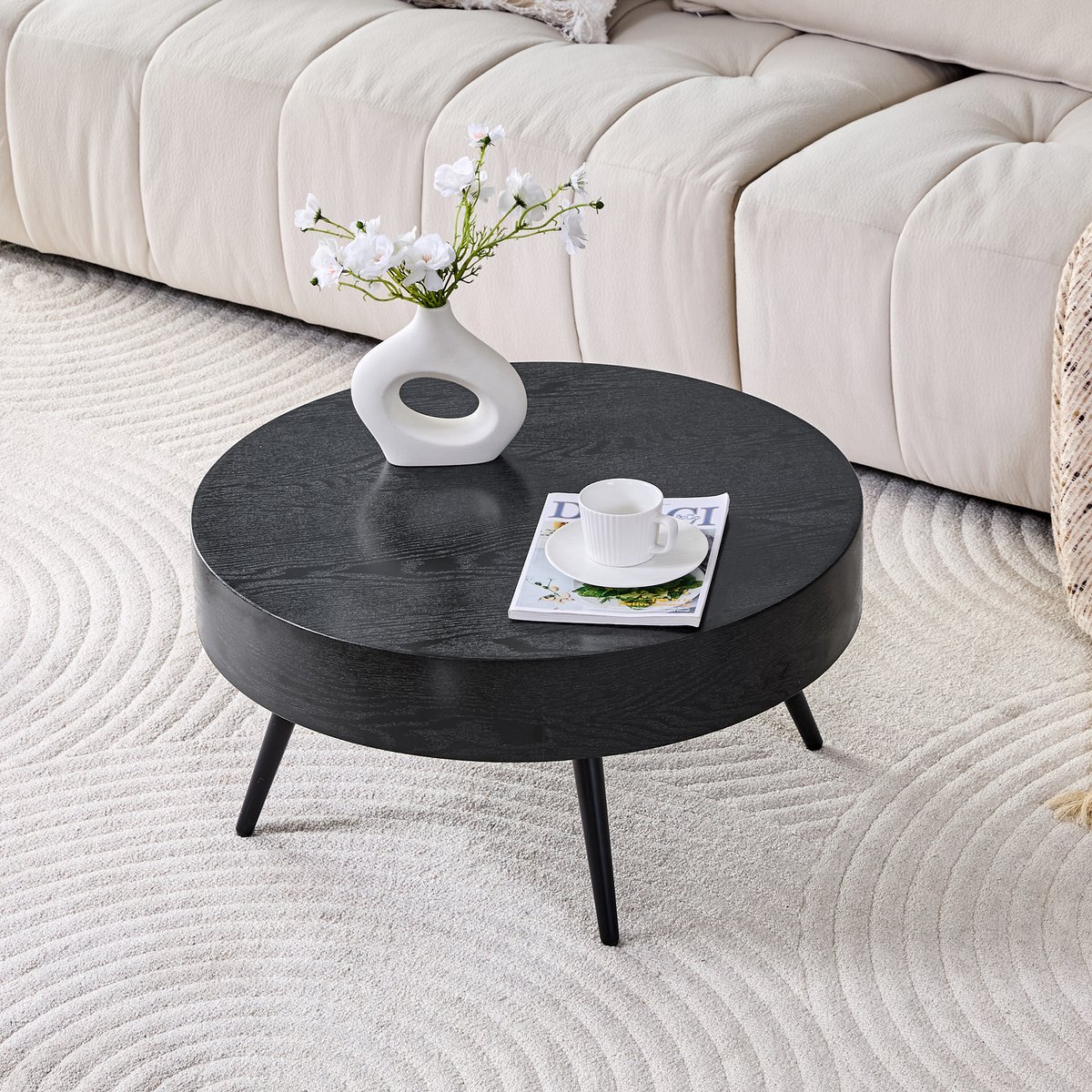 DESMIU Salontafel - Rond Ontwerp Met Houtstructuur - Voor Woonkamer En Kleine Ruimtes - MDF En Metaal - Zwart - 70 Cm