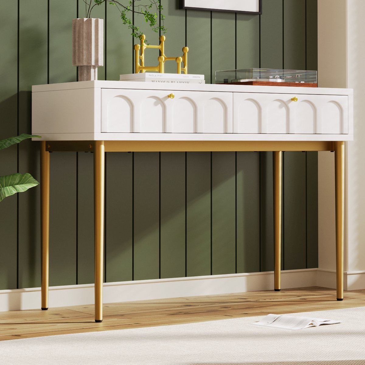DESMIU Kaptafel Met 2 Lades - Klassiek Gebogen Frontontwerp - Voor Slaapkamer En Make Up Hoek - Hout En Metaal - Crème Wit - 100x45x76,5 Cm