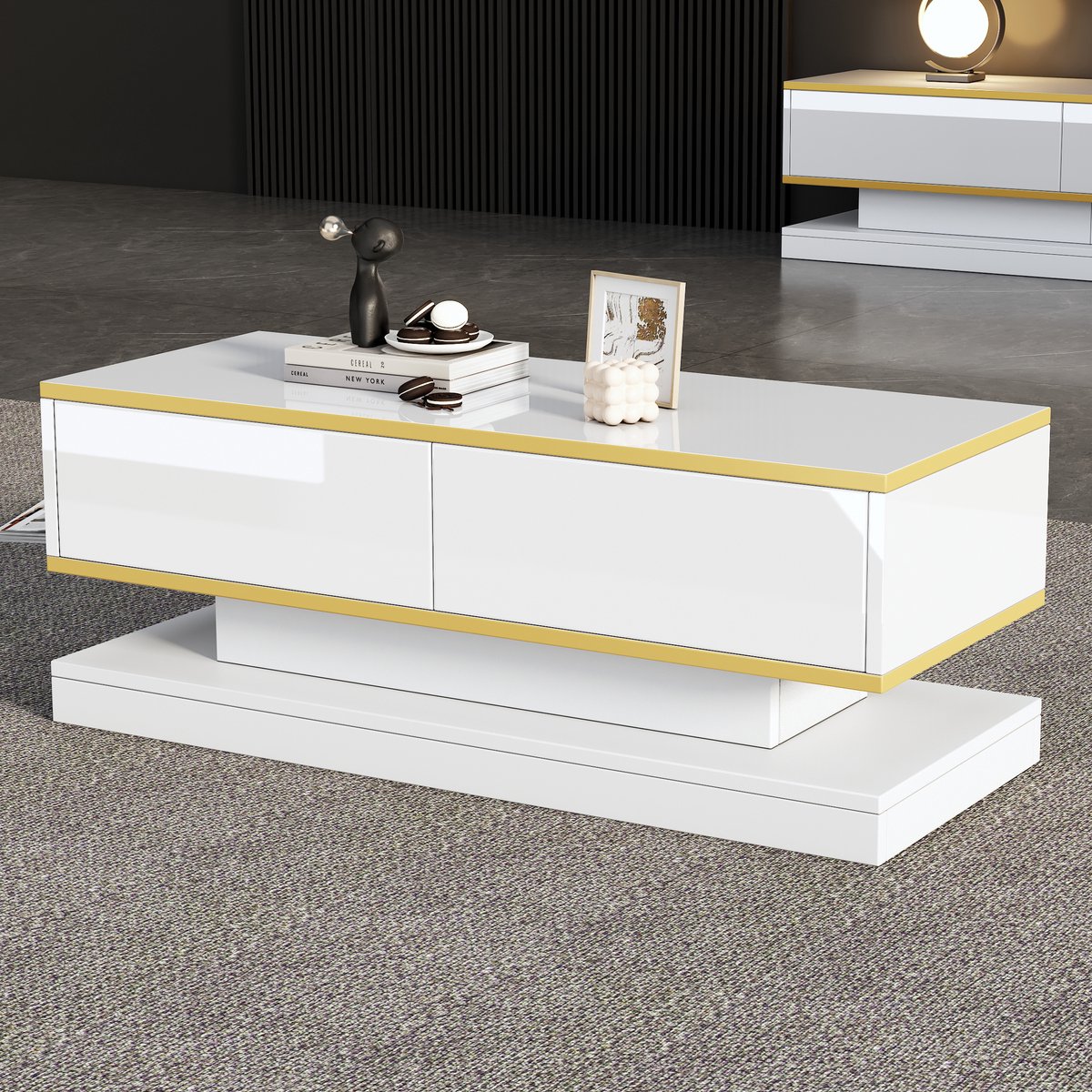 DESMIU Salontafel - Hoogglans Met 2 Lades En Unieke Vorm - Voor Woonkamer En Interieur - Spaanplaat - Wit En Goud - 100x50x38 Cm