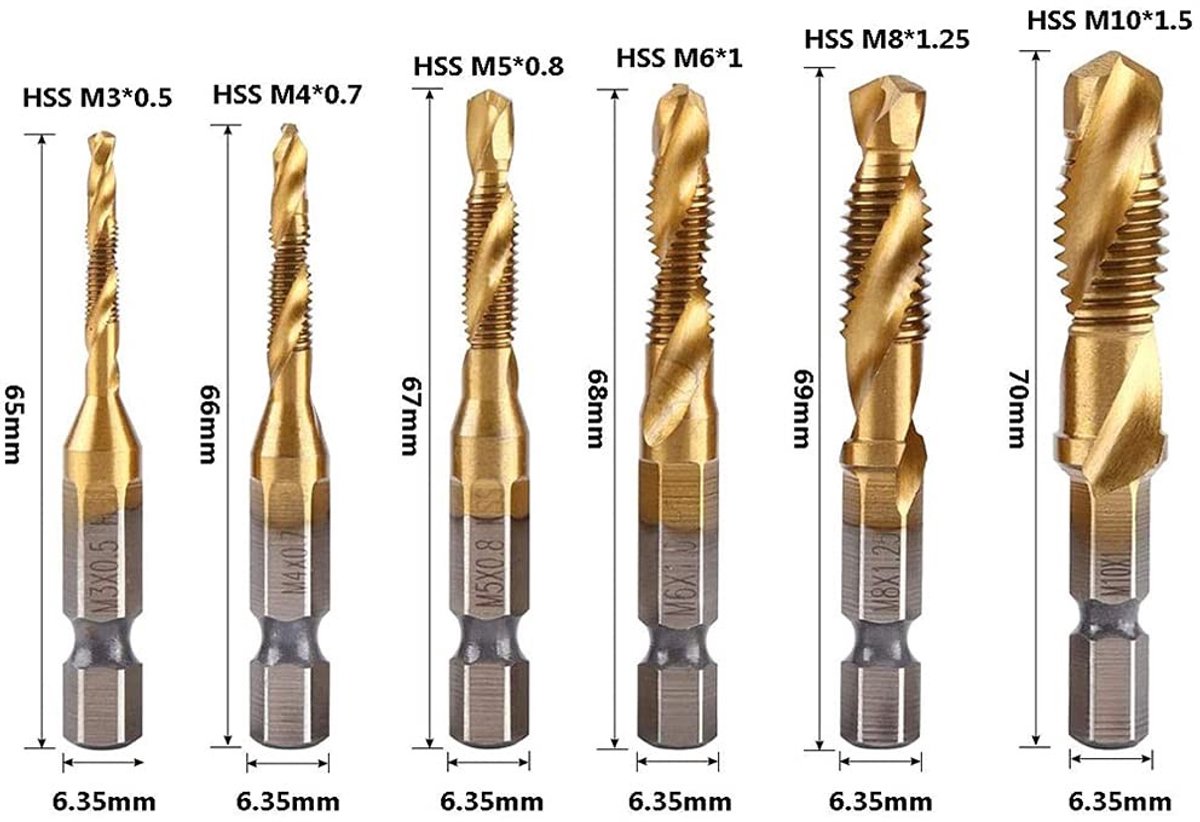 Dailygoods - 6 Packs Hex Shank Titanium Coated Verzinkkraan Boor Set - Schroefdraad Tap Boor - Metrische Combinatie - M3-M10 - Hoogwaardig Gereeds...