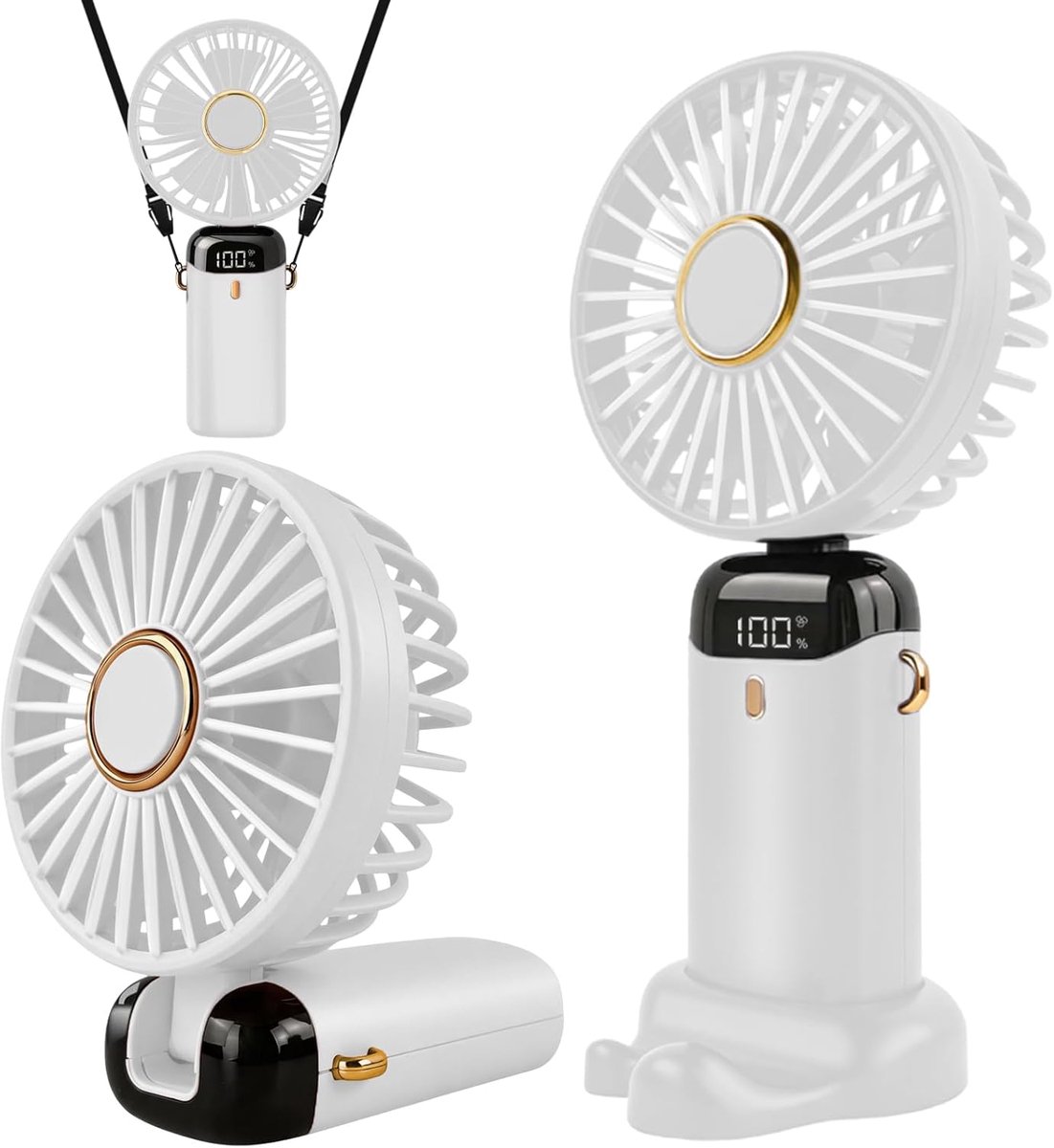 Draagbare USB-oplaadbare ventilator met 5 snelheden, mini opvouwbare bureaventilator met LED-scherm voor thuis, op kantoor, in de slaapkamer of voor buitenavonturen (Wit)