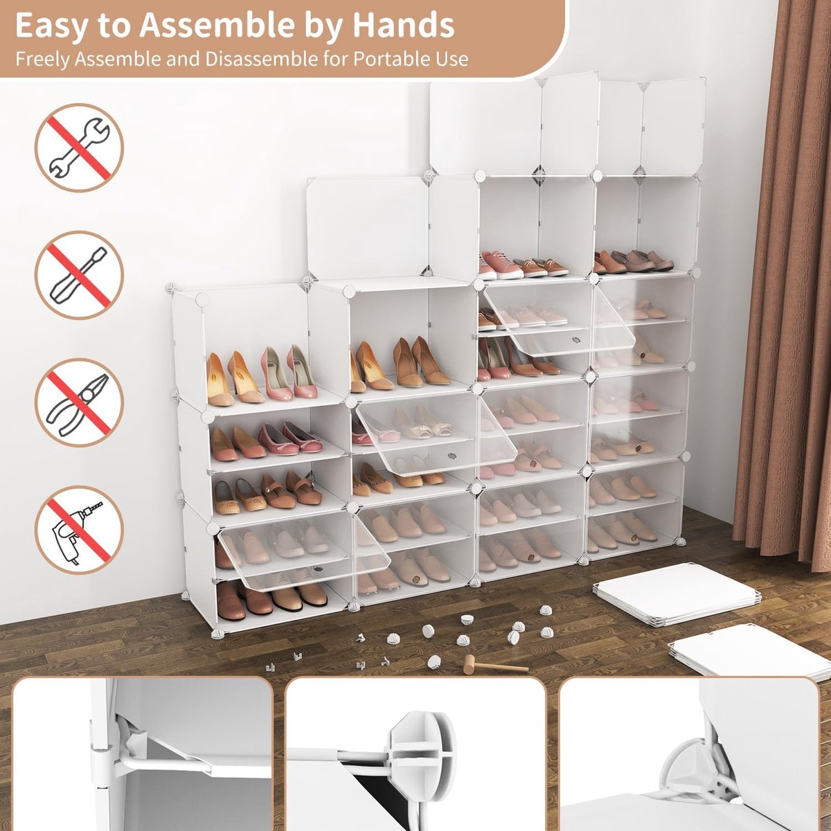 Schoenenkast XXL | House&Garden Modulaire Schoenenkast met 12 Niveaus – Extra Groot Schoenenrek voor 96 Paar Schoenen – Kunststof Opbergkast met Deuren – Stapelbaar, Draagbaar, Wit – Voor Hal, Slaapkamer en Entree