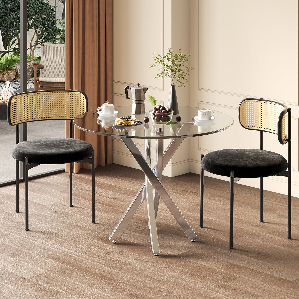 DESMIU Ronde Eettafel Met Gehard Glas En Kruisvormige Poten Voor Eetkamer En Woonkamer Van Glas En Metaal Zilver 80 X 80 X 75 Cm