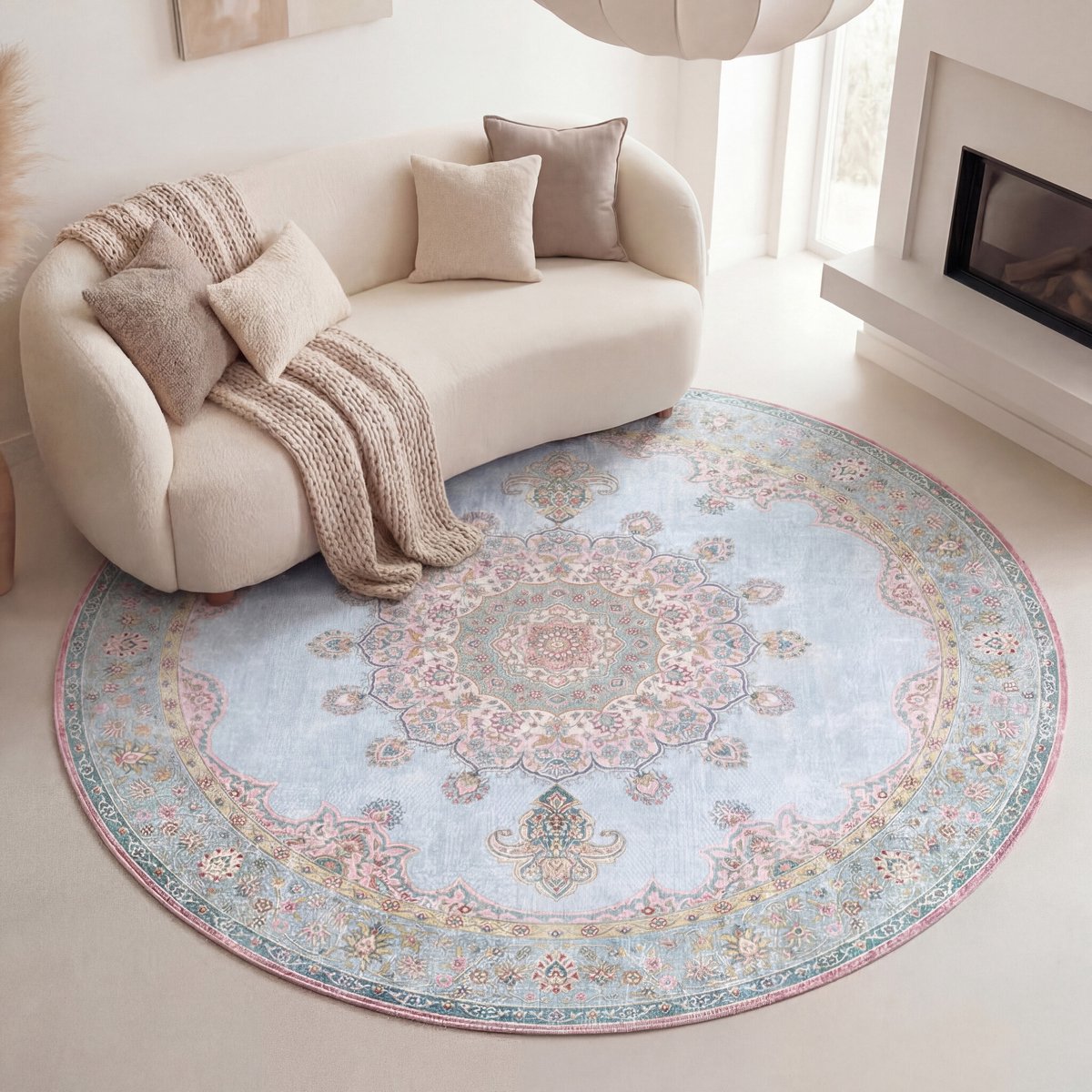 Fraai Rond vintage vloerkleed - Lily Medaillon Lichtblauw - Ø 120cm