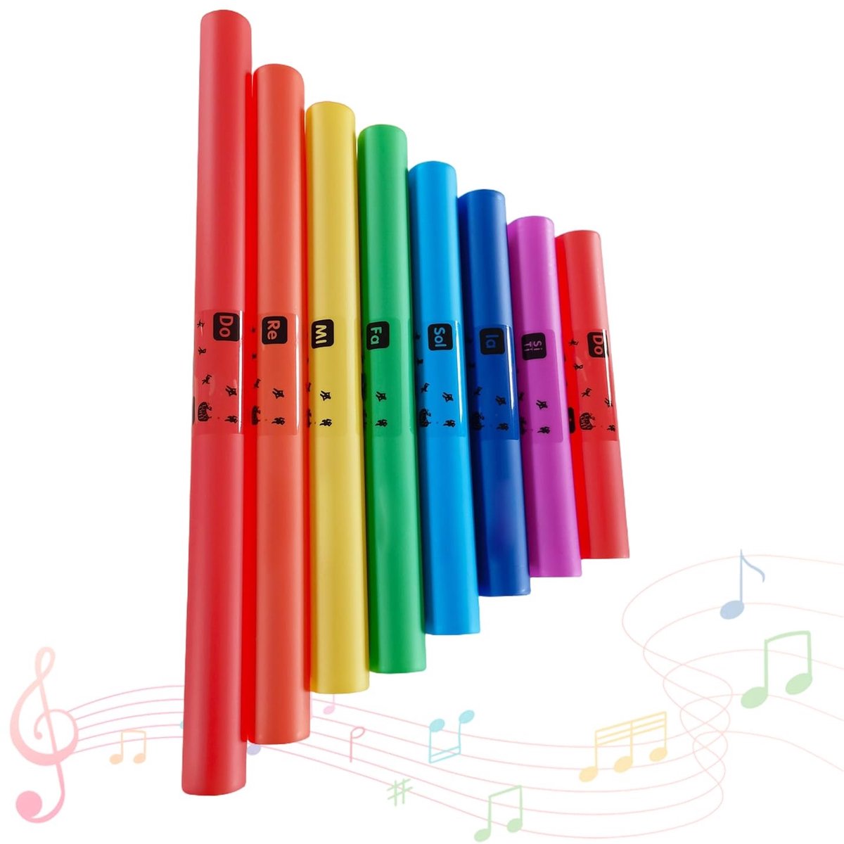 Dailygoods- Klankbuizen Set van 8 Stuks - Percussiedoppen - Muziekinstrumenten - PE-Kunststof - Kleurrijk - Afmetingen tot 62,5 cm - Muziekbuizen