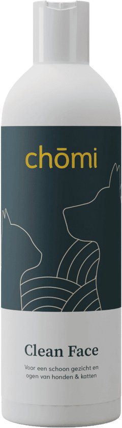 Witte fles met Chōmi logo en de tekst "Clean Face" en "Voor een schoon gezicht en ogen van honden & katten"