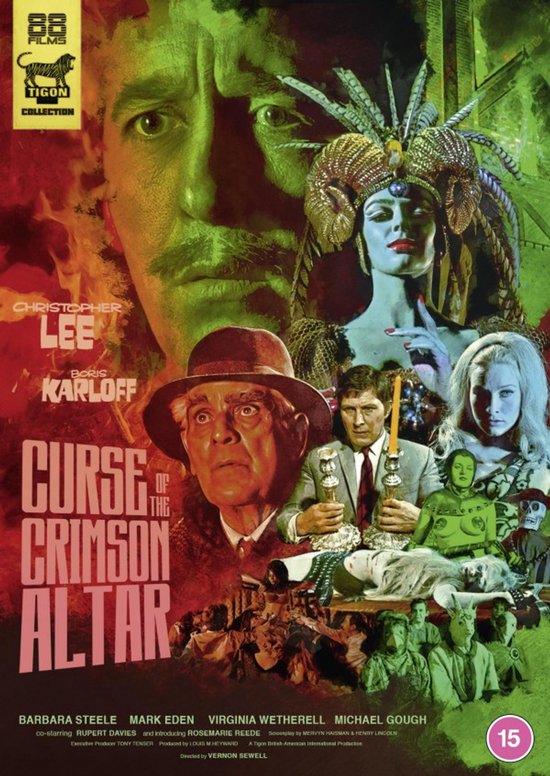 Poster voor 'Curse of the Crimson Altar' met Christopher Lee, Boris Karloff, Barbara Steele en Michael Gough.