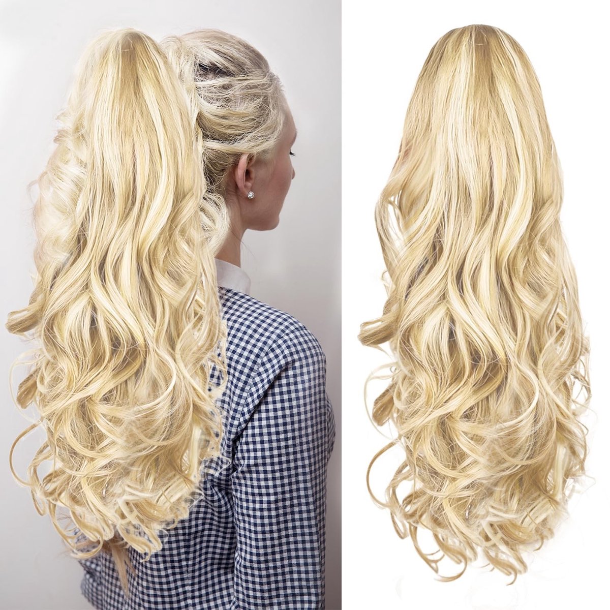 Dailygoods- Paardenstaartextensions 61 cm - Klauwclip - Lang golvend haarstuk - Middenblond met highlights - Duurzaam veermechanisme - Aanpasbaar en knipbaar - Haarextensies