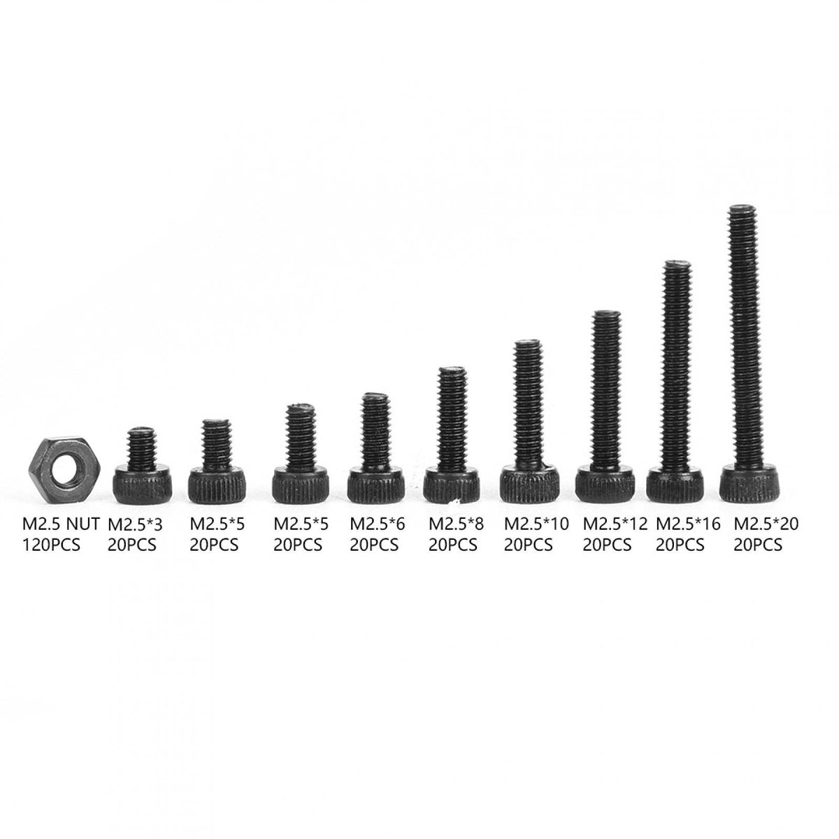 Dailygoods- Inbusbouten 12.9 Grade Gelegeerd Staal - Zeshoekig - Moeren M2.5 - 180 Stuks - 3-20mm - Scherpe prijs - Schroeven