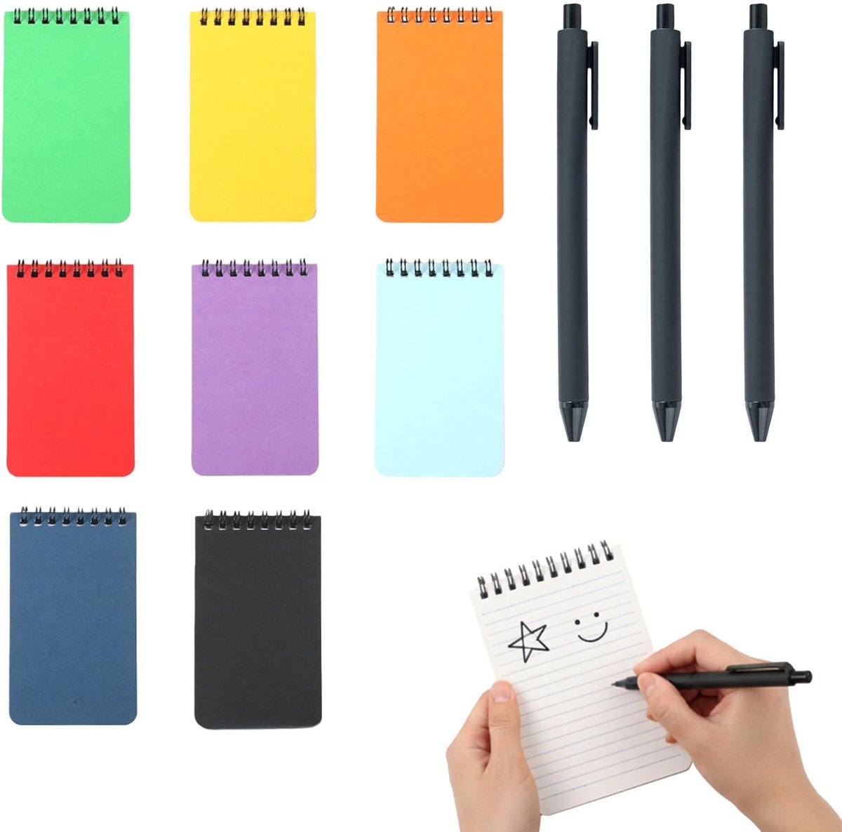 Dailygoods- Notitieblok Set van 8 - Mini Notitieboekje A7 - 50 Vellen - Inclusief 3 Drukpennen - Spiraalbinding - Compact Formaat