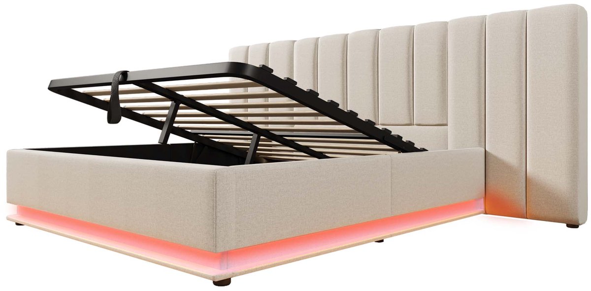 COVREO Bed 160x200 cm beige stof met LED en opbergruimte zonder matras