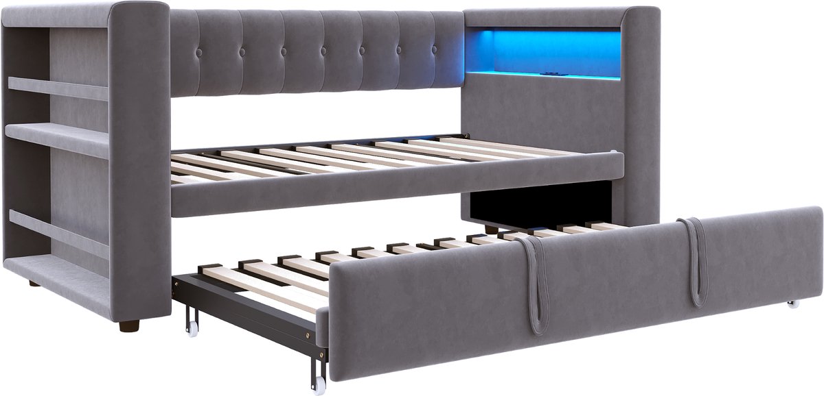 COVREO Bed 180x190 cm donkergrijs stof met opbergruimte zonder matras