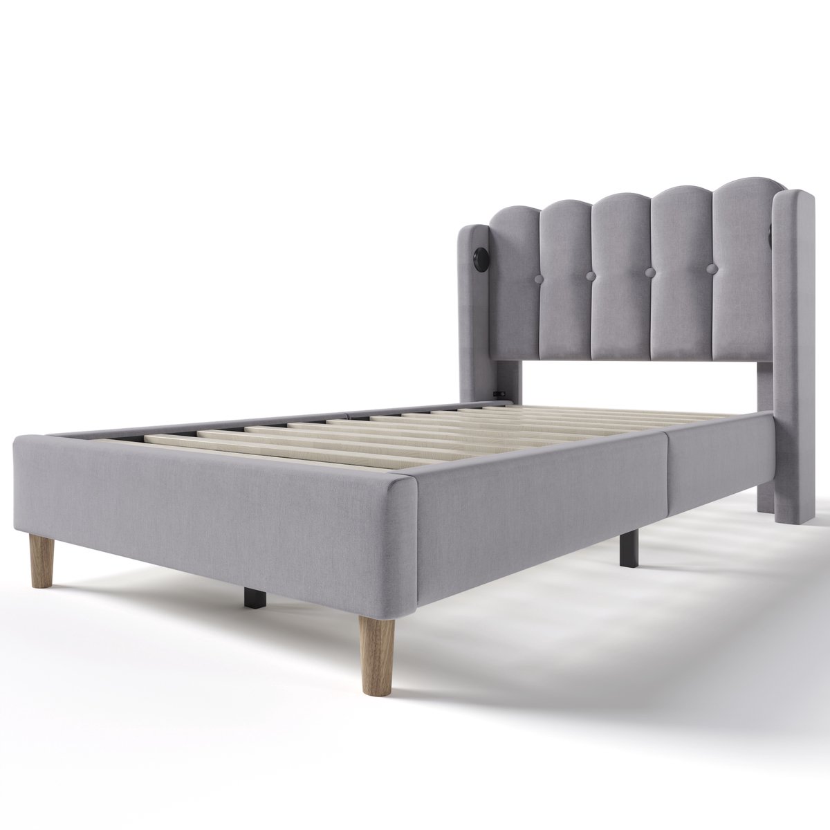COVREO Bedframe 90x200 cm grijs, stof, hoofdbord, USB-C, zonder matras