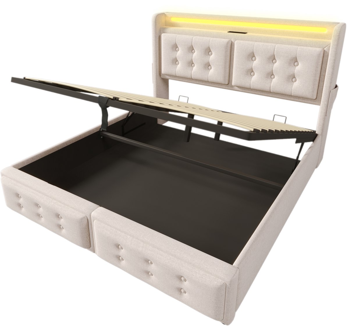 COVREO Bed 140x200 cm - met LED-hoofdbord, opbergruimte, USB-C en stopcontacten, beige