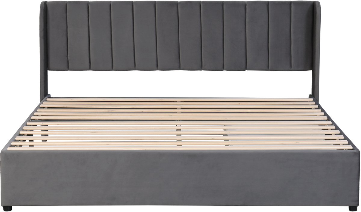 COVREO Bed met hoofdbord – 180x200 cm – Tweepersoonsbed met 2 lades – Bedframe met lattenbodem – Grijs - zonder matras