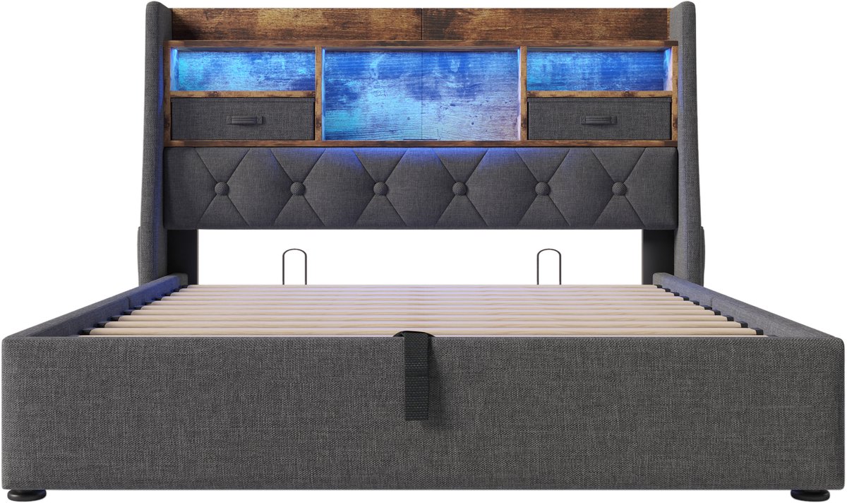 COVREO Bed met opbergruimte – 140x200 cm – Tweepersoonsbed met LED en USB-C – Frame met lattenbodem – Grijs - zonder matras