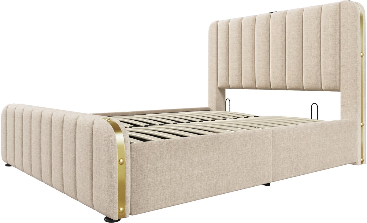 COVREO Opklapbed met opbergruimte – 140x200 cm – Bed met USB-C in hoofdbord – Tweepersoonsbed voor slaapkamer – Beige - zonder matras