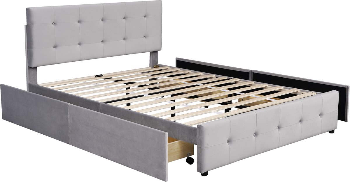 COVREO Bedframe 140x200 cm grijs, met lades, lattenbodem, zonder matras