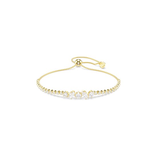 Slanke gouden armband met een rij facetgeslepen kristallen en een centrale cluster van druppelvormige kristallen.