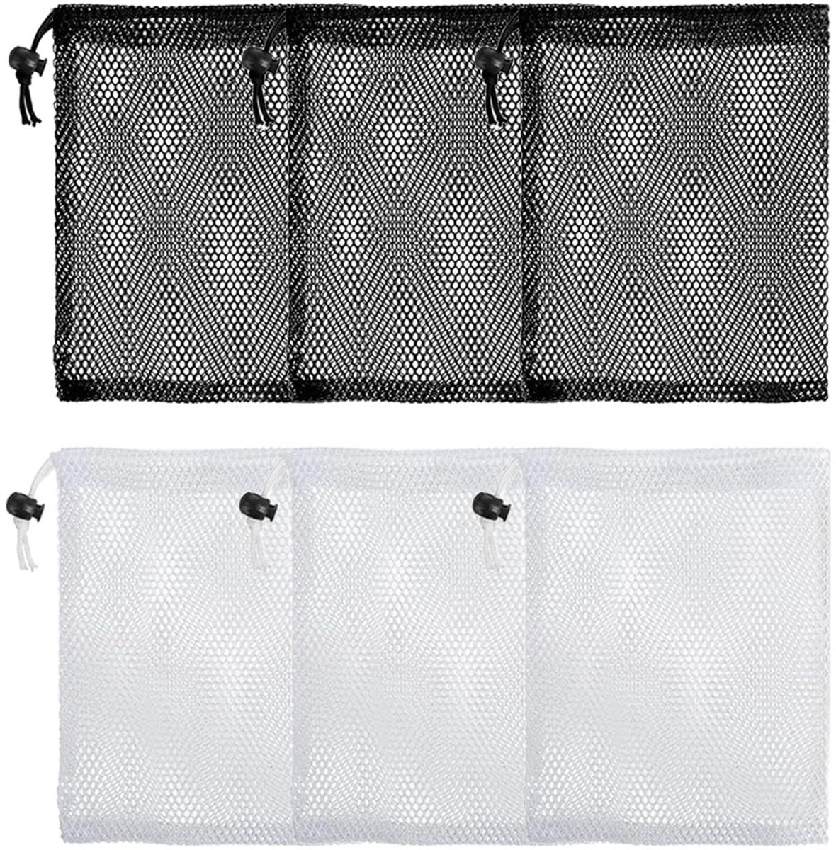 Dailygoods- Trekkoord Zak - 6 Stuks - Polyester - 15 x 20 cm - Mesh Opbergtas - Zwart/Wit - Duurzaam en Ademend