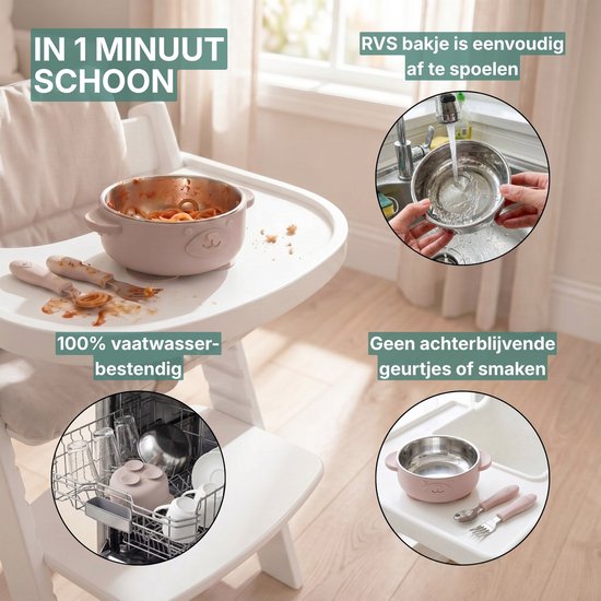 Broemba RVS Baby Bord met zuignap + Baby Bestek - 100% BPA-vrij Kinderservies - Kommetje met Lepel en Vork - Roze Baby Servies van Broemba — afbeelding 4