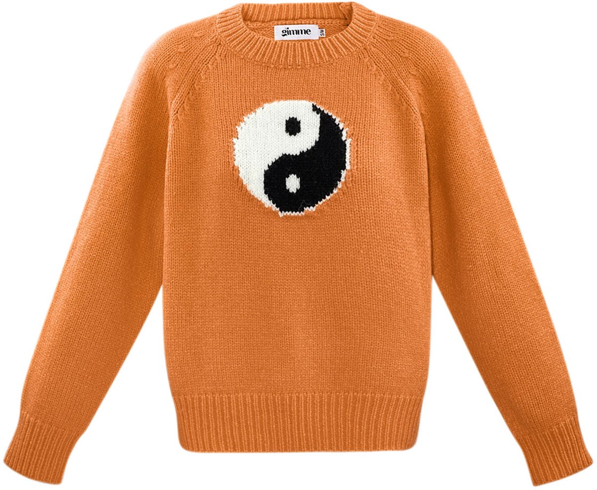 Moderne Gebreide Katoen Trui met Yin Yang Symbool - Oranje - Maat S/M