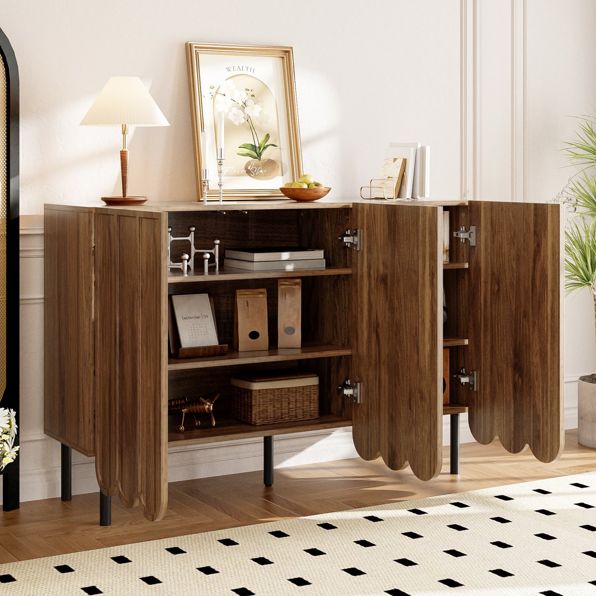 DESMIU Dressoir - Greeploos Met Golvende Deuren En Verstelbare Planken - Voor Woonkamer Hal En Eetkamer - MDF - 120x35x80 Cm - Walnootkleur