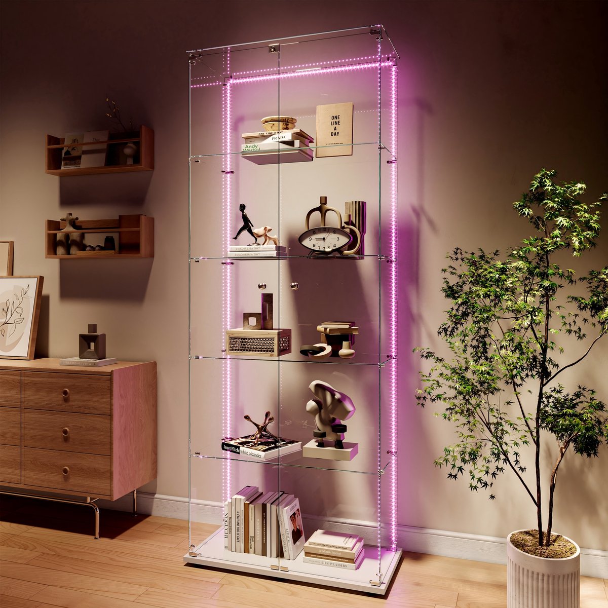 Glazen vitrinekast met LED-verlichting en slot – 5 planken vitrinekast van gehard glas – grote display kast / wandvitrine voor verzamelobjecten, LEGO en decoratie – 186,5 x 78,5 x 34,5 cm – Wit