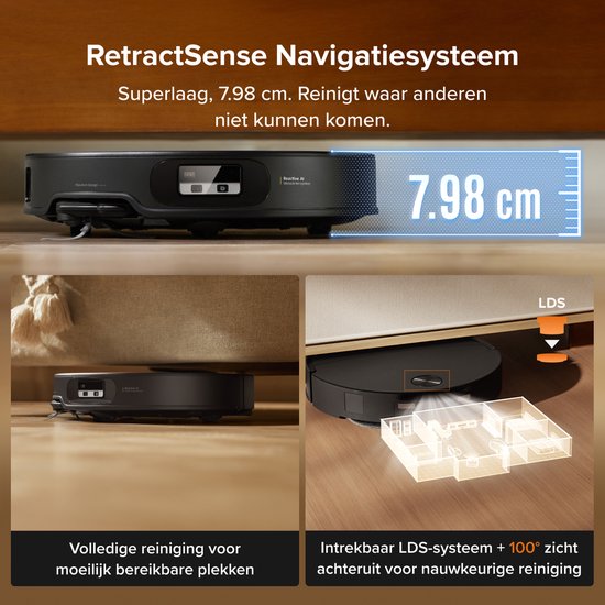 Zwarte robotstofzuiger met "RetractSense Navigatiesysteem", 7.98 cm hoog, die onder meubels schoonmaakt.